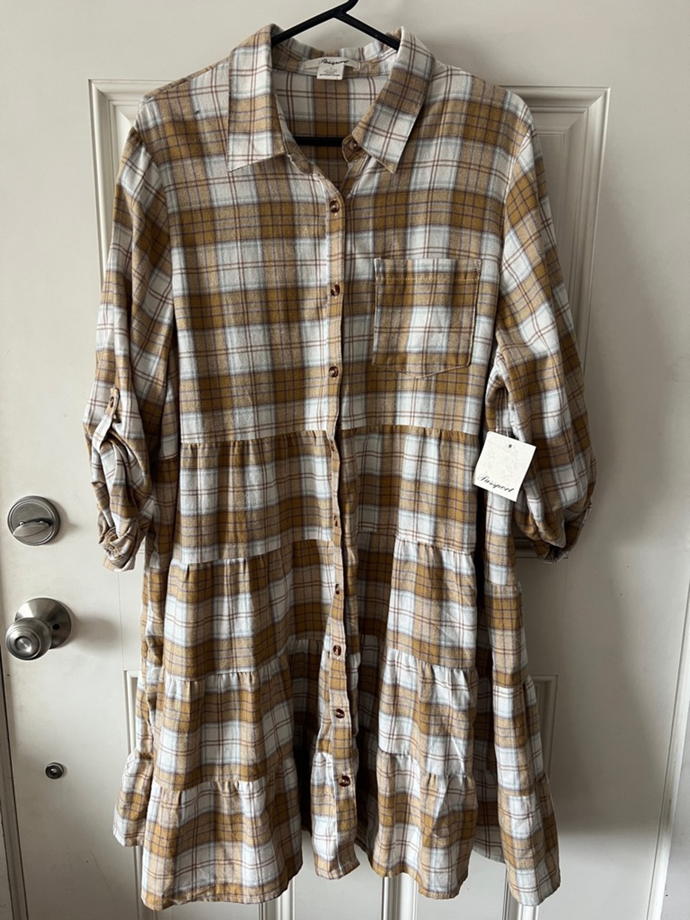 Passport Plaid Tiered Shirt Dress in White and Mustard
